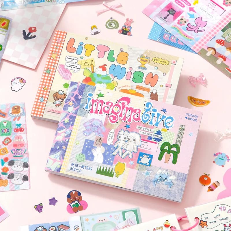 30sheet Kawaii cartoon flash sand die-cutting sticker+writable sticky note sticker double splicing M5 sticker book DIY scrapbook