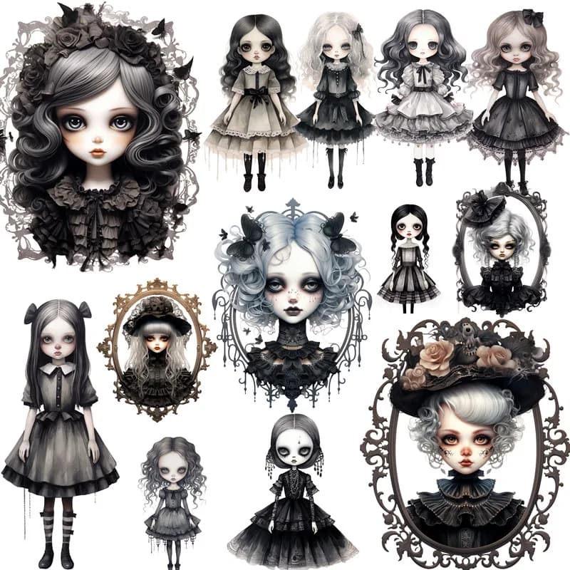 12Pcs/Pack Gothic Black Dress Doll Sticker DIY Craft Scrapbooking Album Junk Journal Decorative Stickers