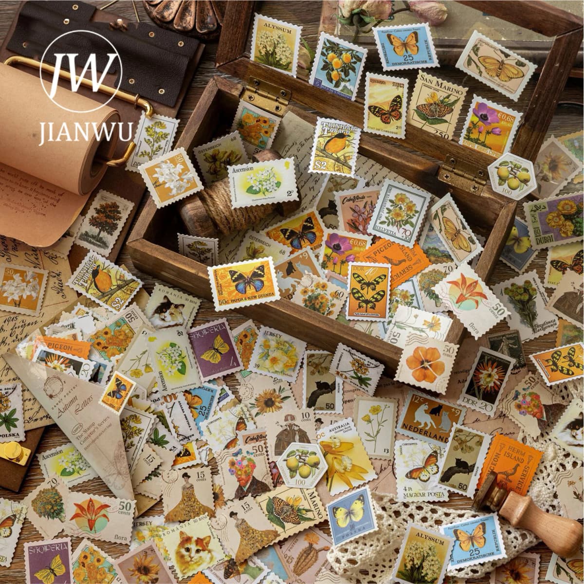 JIANWU Stamp Collector Series Vintage Plant Flower Stamp Landscape Material Collage Sticker Creative DIY Journal Stationery