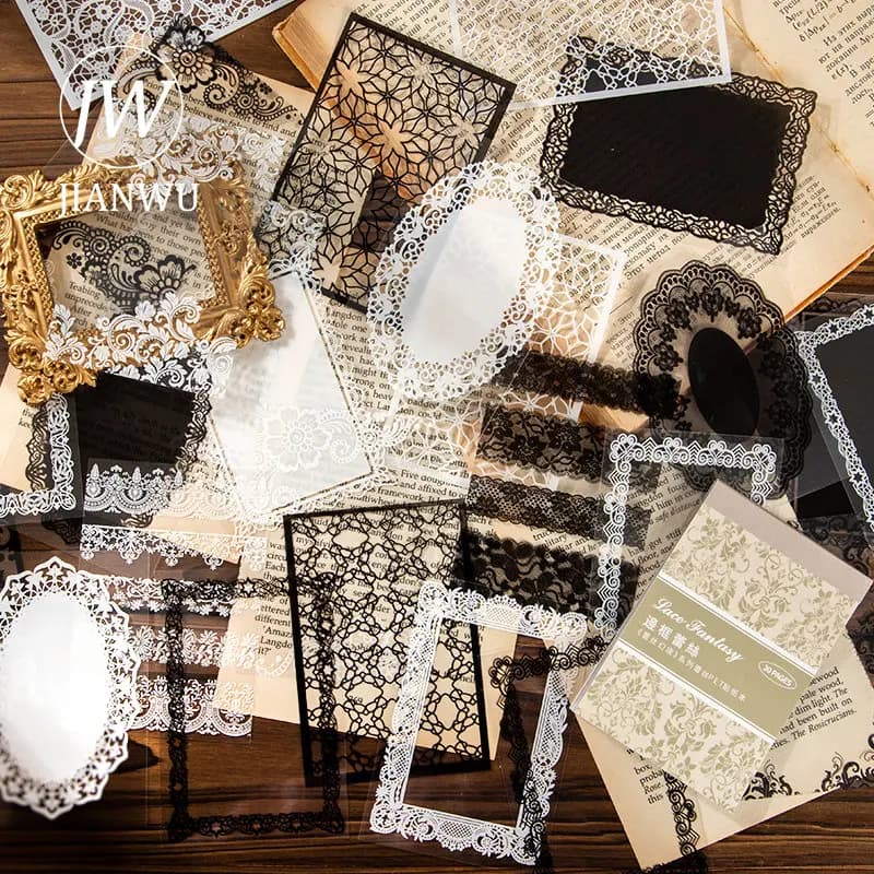 JIANWU 30 Sheets Lace Fantasy Series Black Ink and White Ink PET Stickers Book Creative DIY Decor Collage Journal Stationary
