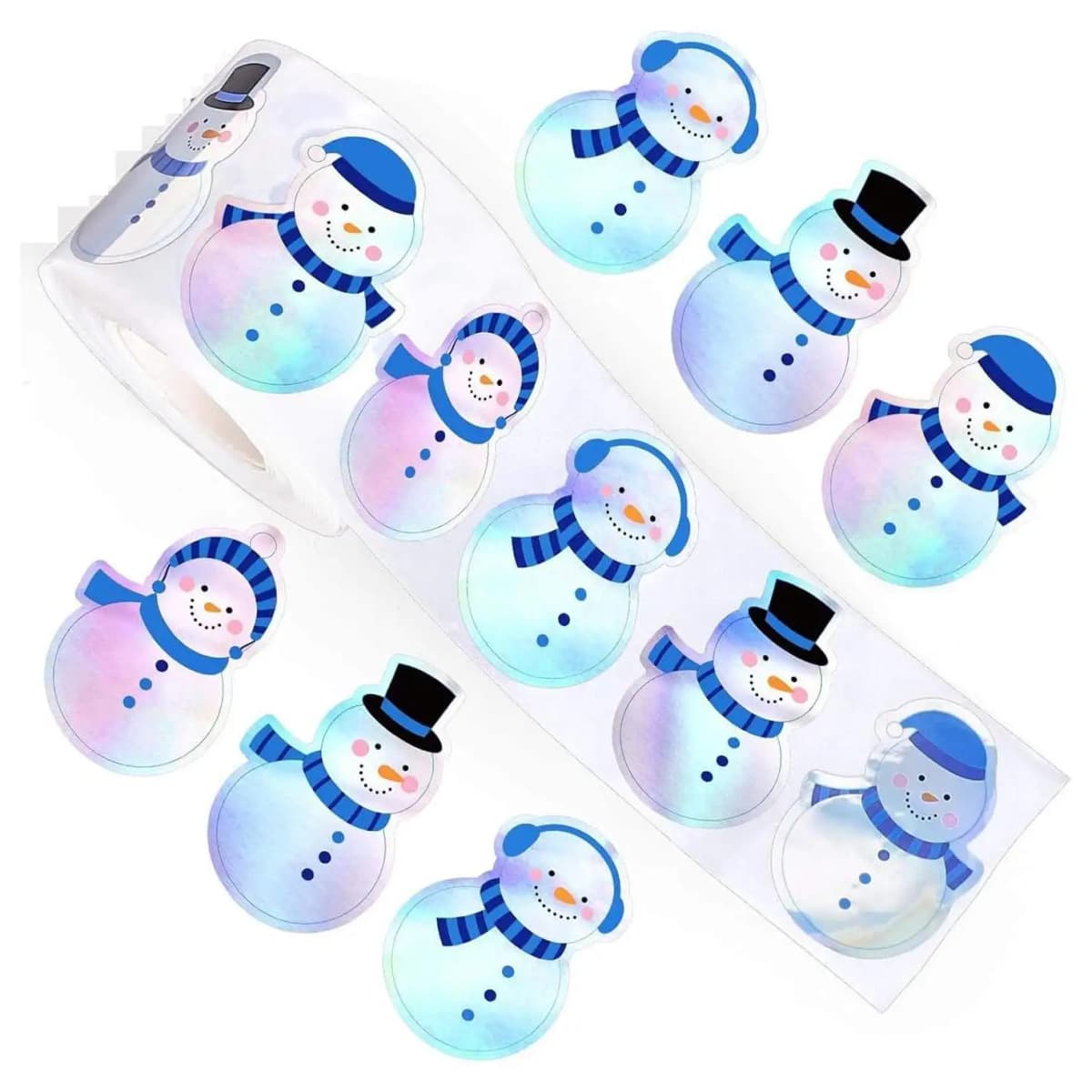 500Pcs Winter Snowman Stickers Roll Holographic Laser Stickers Xmas Cartoon Decals for Kids Envelope Journal Decor Party Supply