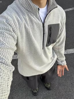 Afashion Outdoor Half Zipper Fleece Sweatshirt Couple Style Stand Collar Wave Texture Thermal Casual Men's Women's Warm Cardigan