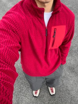 Afashion Outdoor Half Zipper Fleece Sweatshirt Couple Style Stand Collar Wave Texture Thermal Casual Men's Women's Warm Cardigan