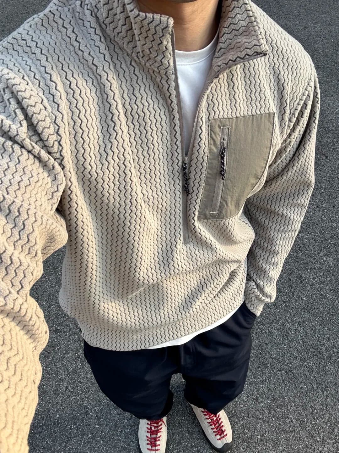 Afashion Outdoor Half Zipper Fleece Sweatshirt Couple Style Stand Collar Wave Texture Thermal Casual Men's Women's Warm Cardigan