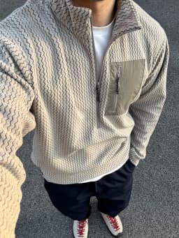 Afashion Outdoor Half Zipper Fleece Sweatshirt Couple Style Stand Collar Wave Texture Thermal Casual Men's Women's Warm Cardigan