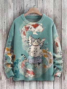 Retro Japanese Style Painting Cat Art Casual Print Knit Pullover Sweater Women For Men Sweater