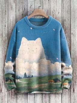 Retro Japanese Style Painting Cat Art Casual Print Knit Pullover Sweater Women For Men Sweater