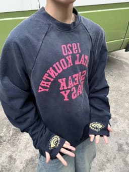 Men Vintage Letter Print Crewneck Sweatshirt Indigo Washed Distressed Raglan Sleeve Japanese Retro Casual Pullover Top