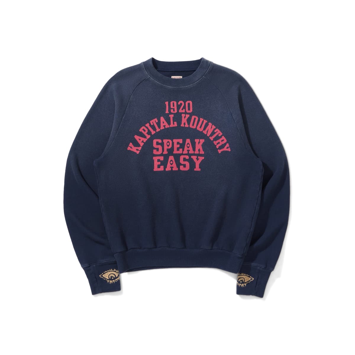 Men Vintage Letter Print Crewneck Sweatshirt Indigo Washed Distressed Raglan Sleeve Japanese Retro Casual Pullover Top
