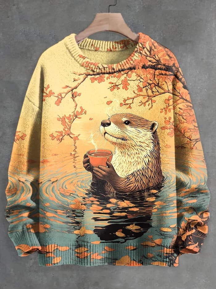 Men's Otter Drink Tea Japanese Fall Art Print Knit Sweatshirt Women For Men Sweater