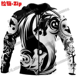 Raven Odin Tattoo Helm of Awe Runes 3D Printed Fashion Men's Zipper Hoodie Autumn Streetwear Unisex Casual Zip Up Hoodies HW62