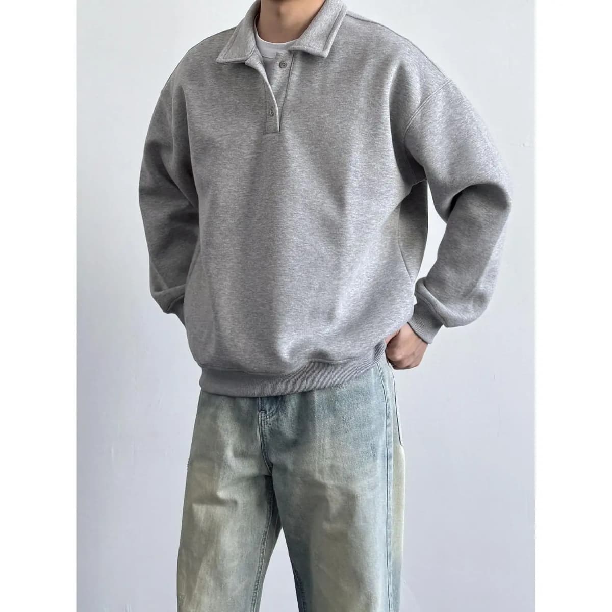 Spring Autumn Men's Collar Sweatshirt Loose Casual Daily Pure Color Top Comfortable Polyester Fabric Long Sleeve Shirt