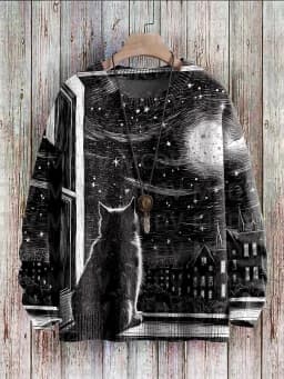 Unisex Vintage Cat Art Print Classic Sweater Men's For Women's Pullover