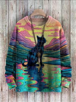 Unisex Vintage Cat Art Print Classic Sweater Men's For Women's Pullover
