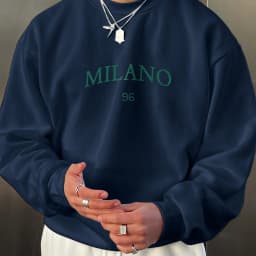 Men's Autumn and Winter Fashionable Casual Loose MILANO 96 Print Fleece Pullover Long-Sleeved Round-Neck Sweatshirt