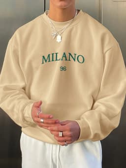 Men's Autumn and Winter Fashionable Casual Loose MILANO 96 Print Fleece Pullover Long-Sleeved Round-Neck Sweatshirt