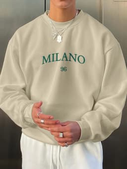 Men's Autumn and Winter Fashionable Casual Loose MILANO 96 Print Fleece Pullover Long-Sleeved Round-Neck Sweatshirt