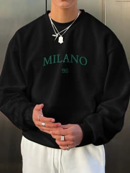 Men's Autumn and Winter Fashionable Casual Loose MILANO 96 Print Fleece Pullover Long-Sleeved Round-Neck Sweatshirt