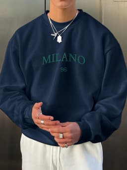 Men's Autumn and Winter Fashionable Casual Loose MILANO 96 Print Fleece Pullover Long-Sleeved Round-Neck Sweatshirt