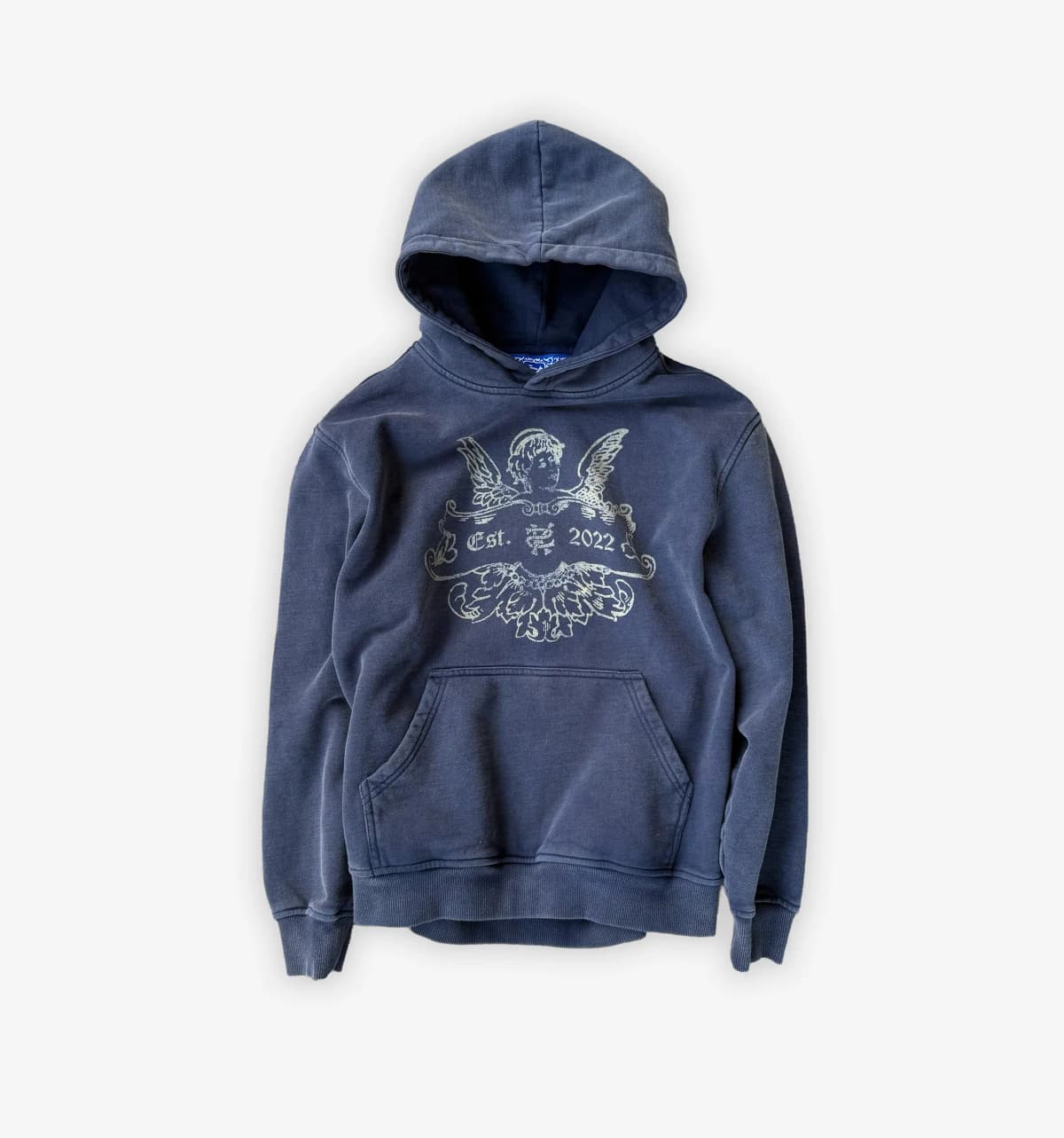 Vintage Washed Angel Printing Hoodie Men Y2K Streetwear Cherub Badge Blue Hoodie Hip Hop Retro Casual Oversized Loose Hoodies