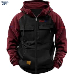 Reebok Men's Zippered Patched Warm Fleece Pullover for Autumn/Winter - Multiple Pockets - Stylish Hooded Jacket - Thick Outdoor