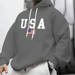 Men's Autumn and Winter Casual Fashion Loose American Flag Graphic Print Long-Sleeved Hooded Sweatshirt Warm Pullover
