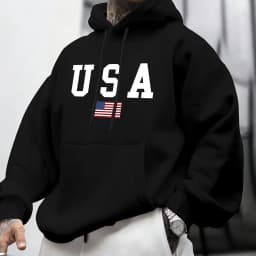 Men's Autumn and Winter Casual Fashion Loose American Flag Graphic Print Long-Sleeved Hooded Sweatshirt Warm Pullover