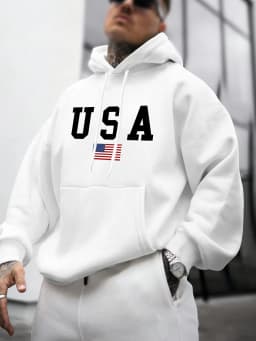 Men's Autumn and Winter Casual Fashion Loose American Flag Graphic Print Long-Sleeved Hooded Sweatshirt Warm Pullover