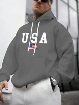 Men's Autumn and Winter Casual Fashion Loose American Flag Graphic Print Long-Sleeved Hooded Sweatshirt Warm Pullover
