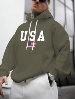 Men's Autumn and Winter Casual Fashion Loose American Flag Graphic Print Long-Sleeved Hooded Sweatshirt Warm Pullover
