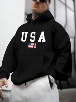 Men's Autumn and Winter Casual Fashion Loose American Flag Graphic Print Long-Sleeved Hooded Sweatshirt Warm Pullover