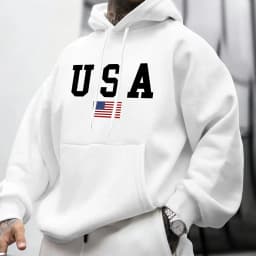 Men's Autumn and Winter Casual Fashion Loose American Flag Graphic Print Long-Sleeved Hooded Sweatshirt Warm Pullover