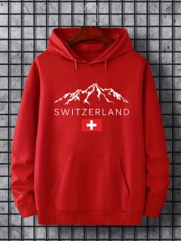 Men's Autumn/Winter Casual Fashion Loose Hoodie Swiss Mountain Pattern Printed Long Sleeve Warm Hoodie