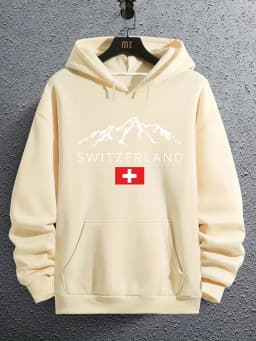 Men's Autumn/Winter Casual Fashion Loose Hoodie Swiss Mountain Pattern Printed Long Sleeve Warm Hoodie
