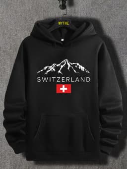 Men's Autumn/Winter Casual Fashion Loose Hoodie Swiss Mountain Pattern Printed Long Sleeve Warm Hoodie