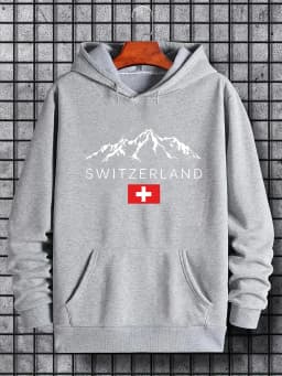 Men's Autumn/Winter Casual Fashion Loose Hoodie Swiss Mountain Pattern Printed Long Sleeve Warm Hoodie