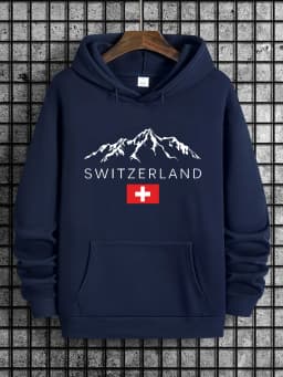 Men's Autumn/Winter Casual Fashion Loose Hoodie Swiss Mountain Pattern Printed Long Sleeve Warm Hoodie