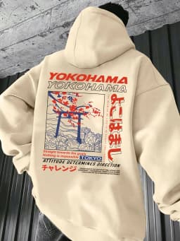 Men's Autumn and Winter Casual Fashion Loose Tokyo Pattern Printed Long-Sleeved Hooded Sweatshirt Warm Pullover