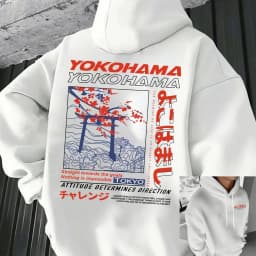 Men's Autumn and Winter Casual Fashion Loose Tokyo Pattern Printed Long-Sleeved Hooded Sweatshirt Warm Pullover