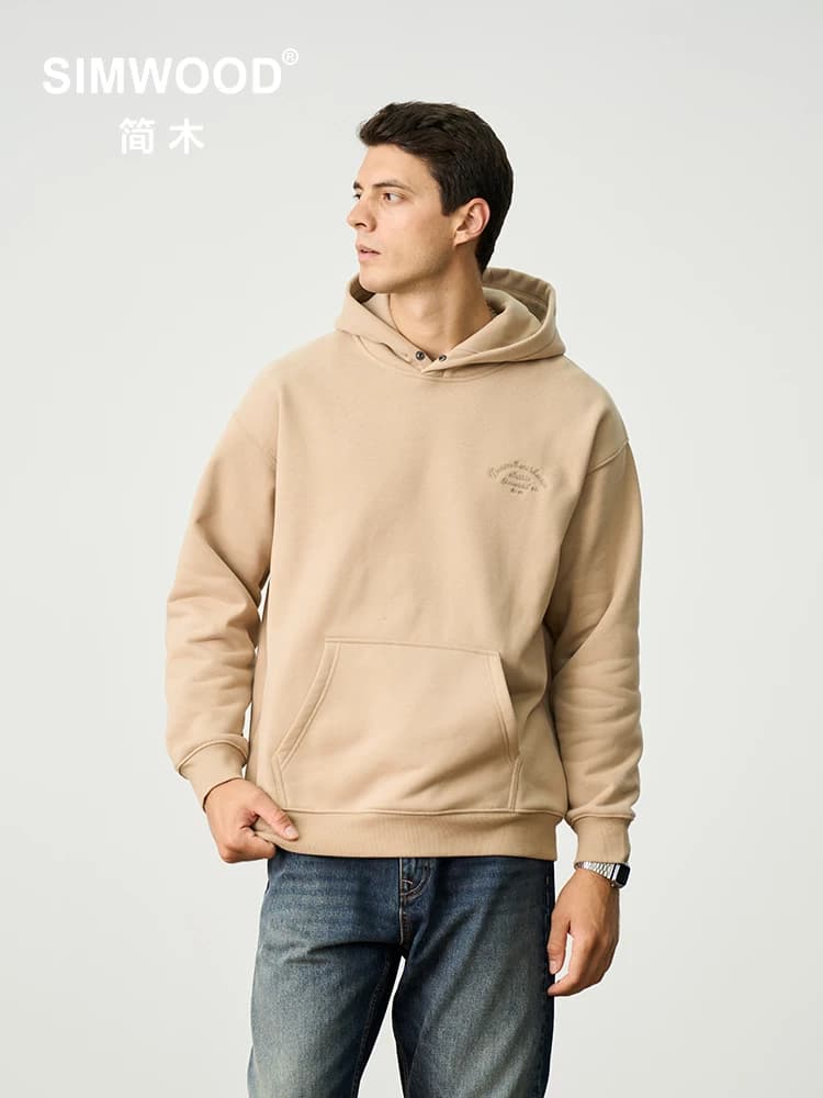 SIMWOOD Autumn Winter Ultra-Soft Men's Hoodie Heavyweight 400gsm Brushed Interior Carbon Peached Pullover with Letter Embroidery