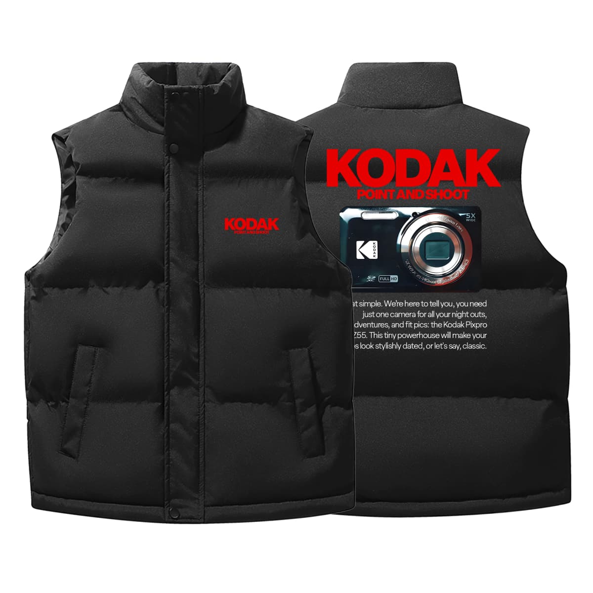 Men Kodak Point and Shoot Camera Print Stand Collar Padded Vest Sleeveless Warm Casual Outerwear Winter Cotton Waistcoat