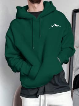Men's Autumn and Winter Casual Fashion Loose Mountain Graphic Print Long Sleeved Hooded Sweatshirt Warm Pullover