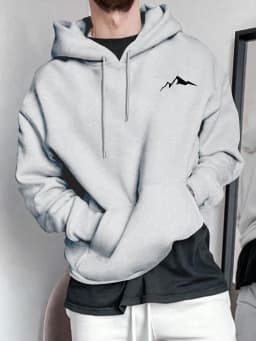 Men's Autumn and Winter Casual Fashion Loose Mountain Graphic Print Long Sleeved Hooded Sweatshirt Warm Pullover