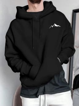 Men's Autumn and Winter Casual Fashion Loose Mountain Graphic Print Long Sleeved Hooded Sweatshirt Warm Pullover
