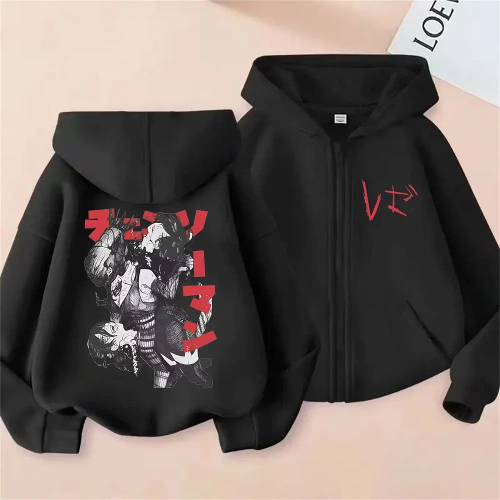 Anime Chainsaw Man Reze Graphic Zipper Hoodie Men Women Fashion Casual Oversized Zip Up Jacket Men's Retro Hoodies Streetwear