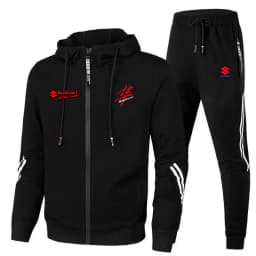 New Suzuki sportswear set for men, featuring a zip-up hooded sweatshirt and pants with Suzuki logo print. Quick delivery.