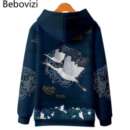 Harajuku Crane Print Hoodie Sweatshirt Autumn Japanese Casual Oversized Hooded Hoodie Hip Hop Pullover Women Men Clothing