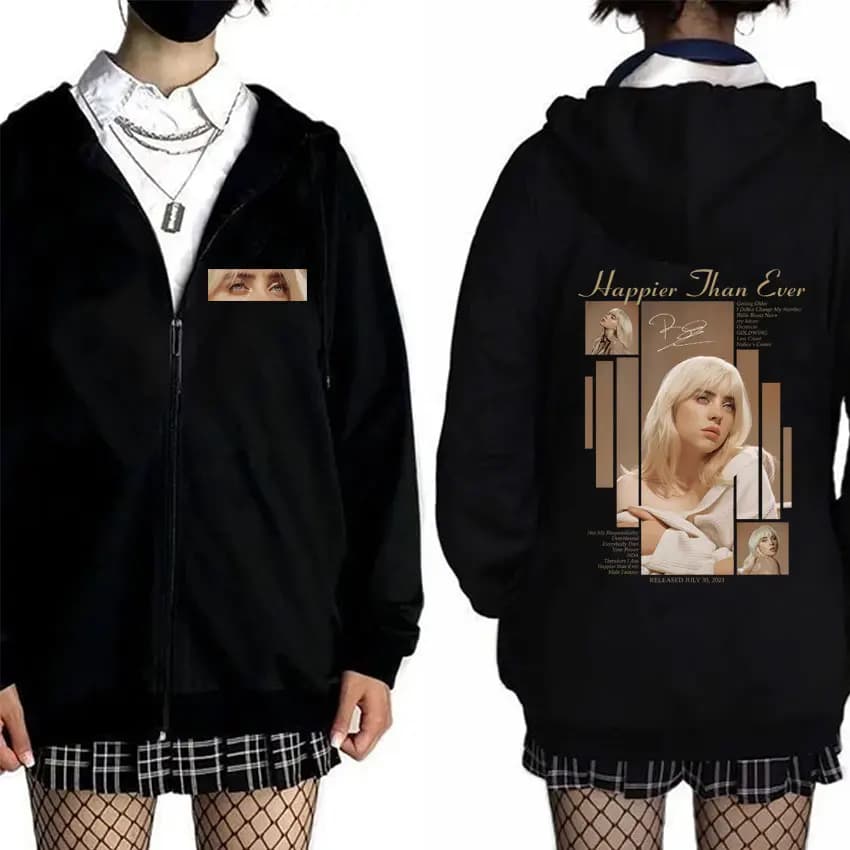 Hot Happier Than Ever 2025 Zipper Hoodie Men Women Fashion Pop Music Zip Up Hoodies Male Vintage Hip Hop Oversized Jacket Coat