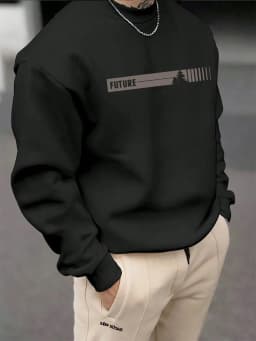 Men's Autumn and Winter Fashionable Casual Loose Futune Letter Graphic Printed Long Sleeved Round Neck Sweatshirt