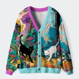 Magic Forest Cat Pattern Long Sleeved Cardigan Sweater for Women And Men Casual Comfortable Knitted Outerwear